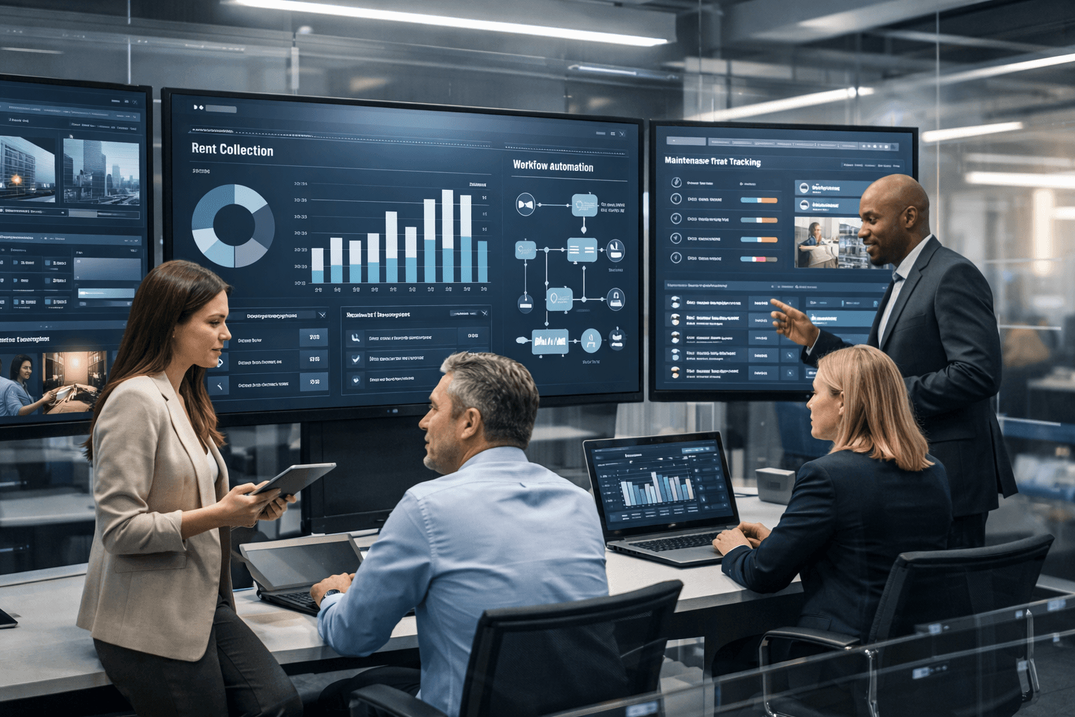 Property operations analytics dashboard with AI workflow overlays